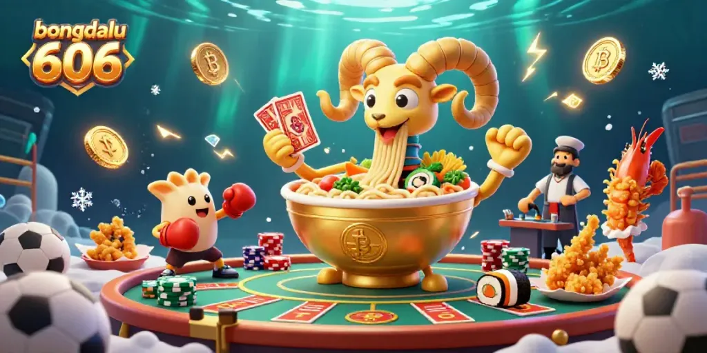 Engage in thrilling sports betting with Bongdalu 606 featuring vibrant cartoon characters and dynamic betting elements.