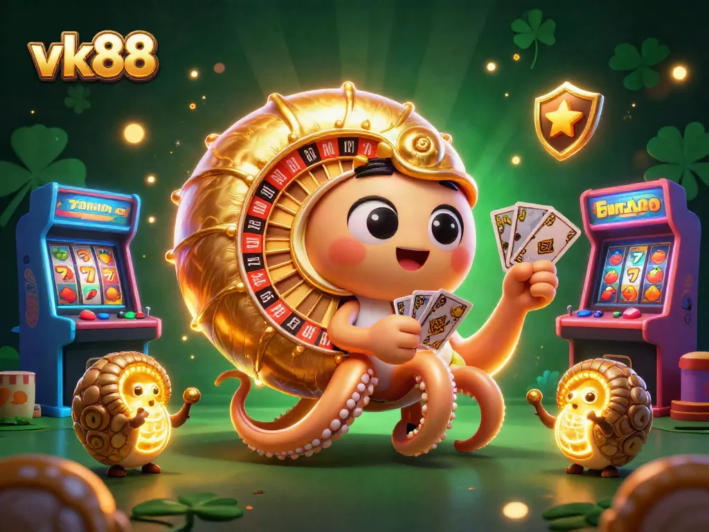 Play and win with vk88 in a vibrant casino scene featuring a nautilus roulette wheel and glowing slot machines.
