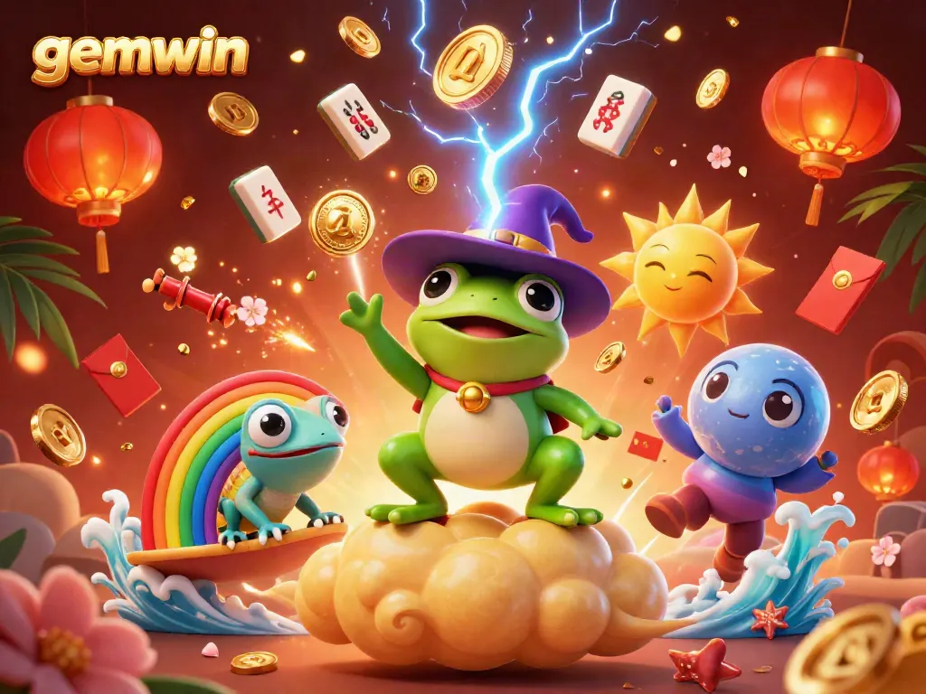 gemwin presents an exciting scene with a weather wizard frog and chameleon amidst casino elements, creating a storm of golden coins