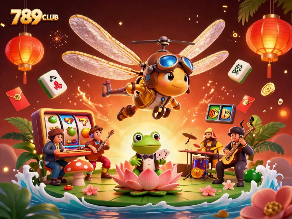 Engage with 789CLUB's immersive dragonfly pilot and frog croupier amidst slot machine chaos.