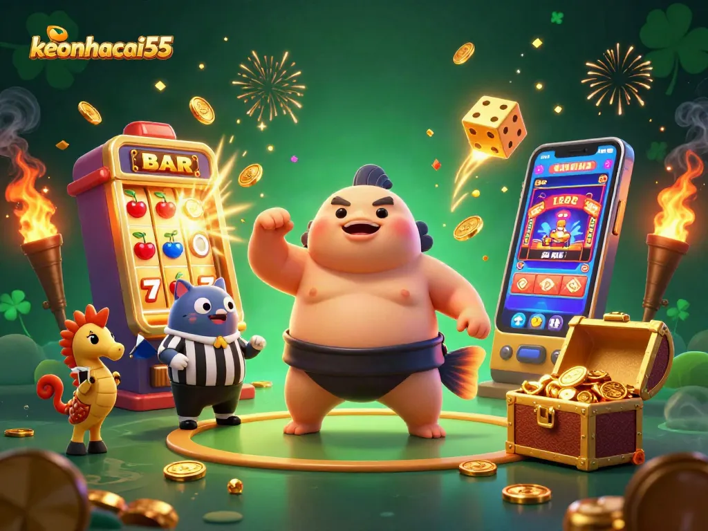 Explore exciting games at keonhacai55 with a vibrant underwater casino scene featuring a fugu and more.