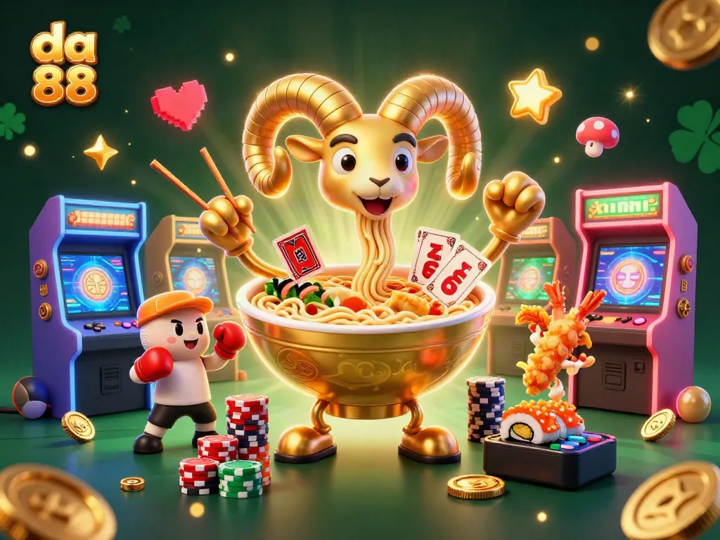 Winning moves in da 88 casino with a giant ramen bowl dealer, dynamic game elements, and lively atmosphere.