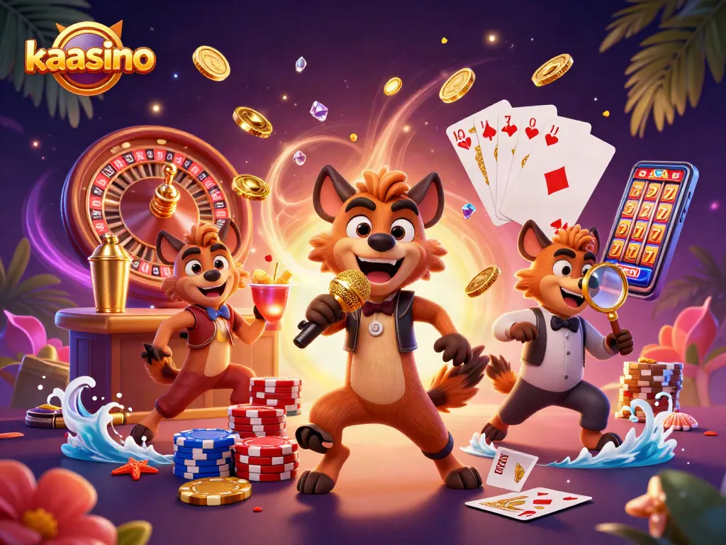 Kaasino invites players into a vibrant casino scene featuring playful hyenas in action.