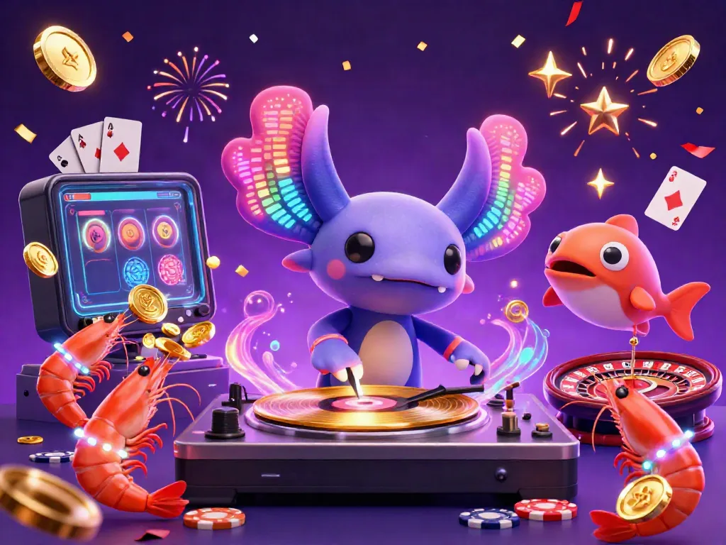 Join the celebration with nbet's vibrant gaming scene featuring a neon axolotl DJ, colorful slot games, and dancing sea creatures.