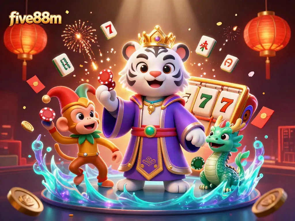 Engage with exciting slot games at five88m featuring a dynamic illustrated casino scene.