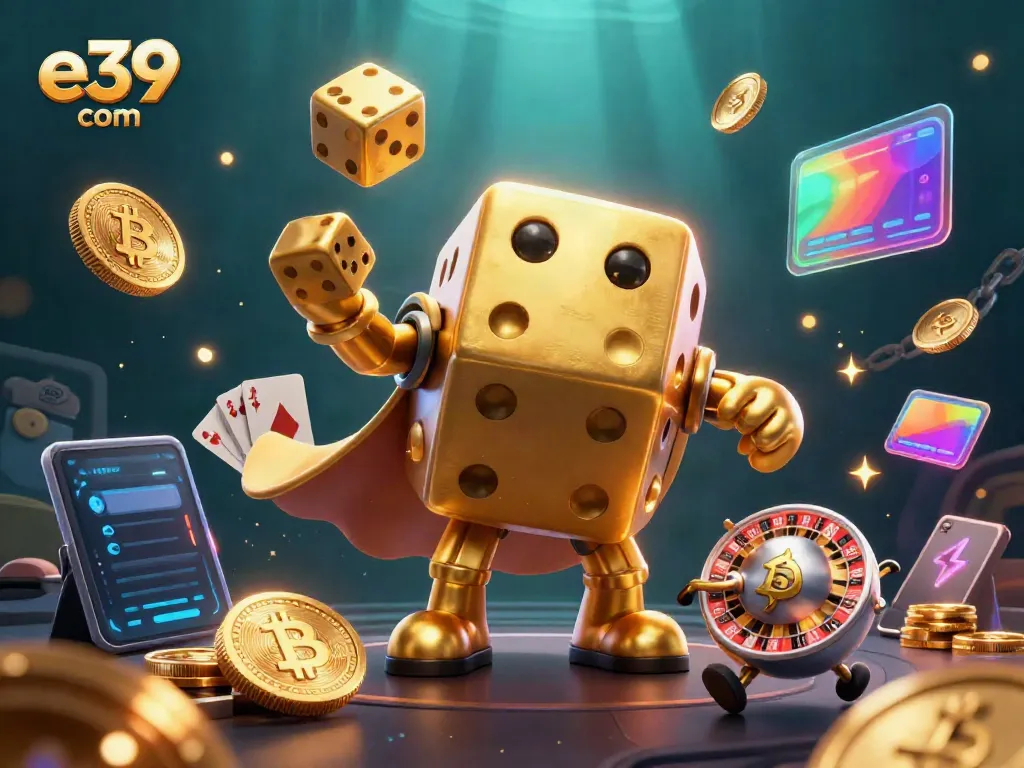 Experience thrilling dice games with e39 com showcasing a dynamic golden dice golem and crypto coins.