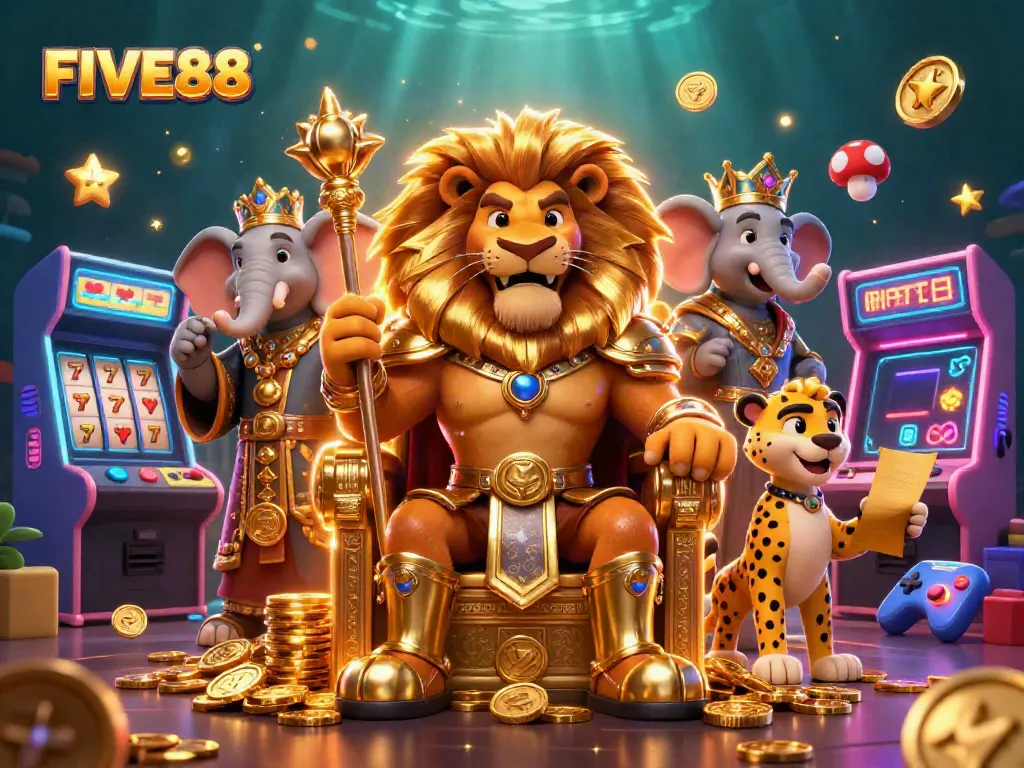 Experience the regal atmosphere of FIVE88 with a lion king, elephant advisor, and cheetah messenger amid vibrant slot game elements.