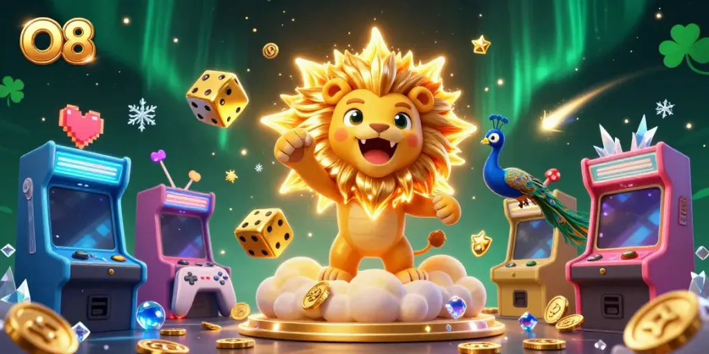 Engage in thrilling gameplay with O8's vibrant casino scene featuring a roaring lion, golden dice, and colorful arcade games.