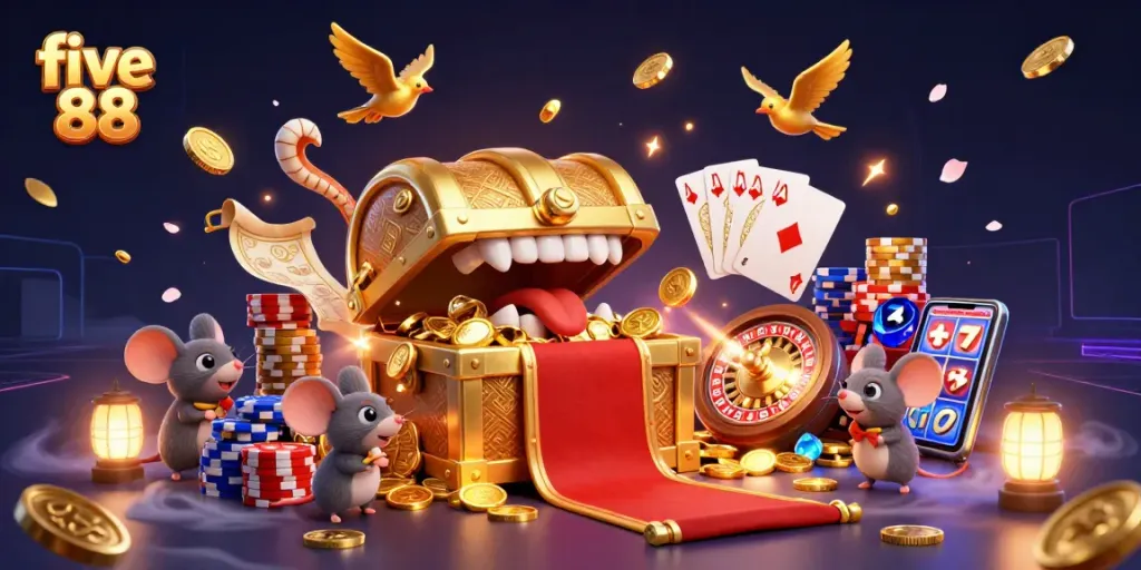 Experience excitement at five 88 with a vibrant casino scene full of treasures and game elements.