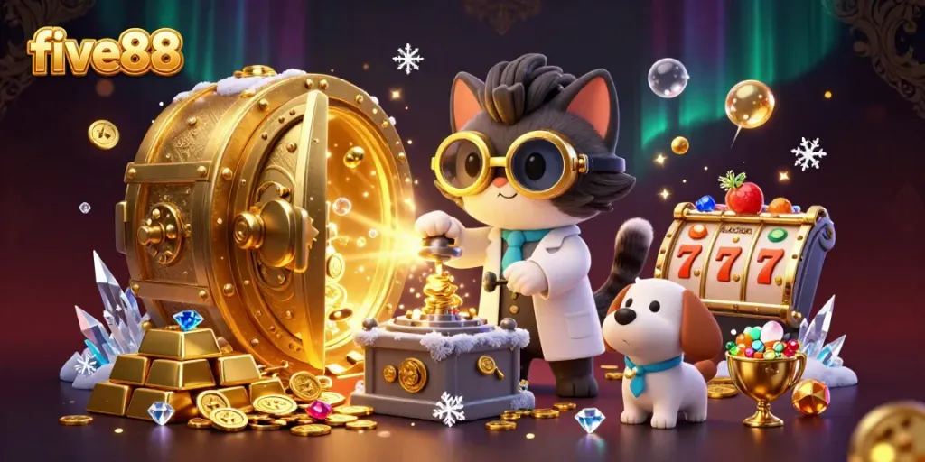 Spin the reels at five88 with a whimsical 3D scene featuring a mad scientist cat and charming dog assistant surrounded by treasures.