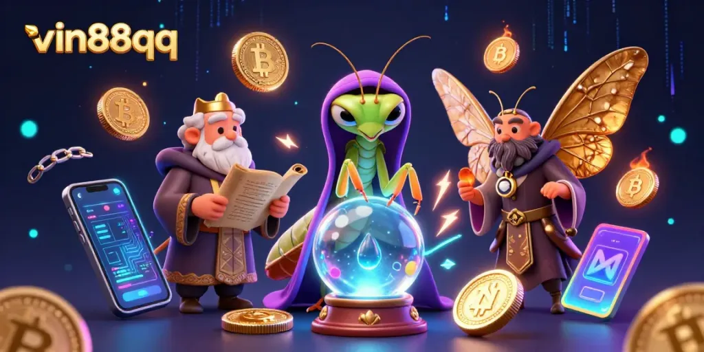 Engage with vin88qq's vibrant casino scene showcasing a praying mantis fortune teller and a wise moth librarian amidst glowing crypto elements.