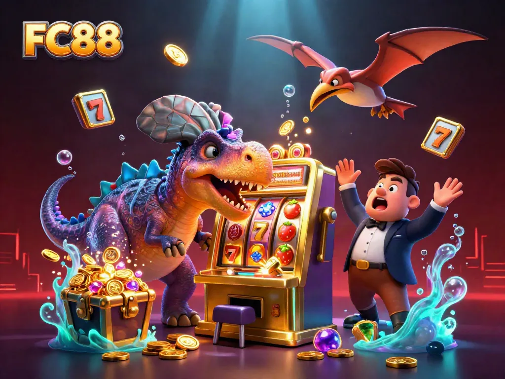 Engage with the thrilling FC88 casino experience as a pachycephalosaurus wins jackpots amidst dynamic elements.