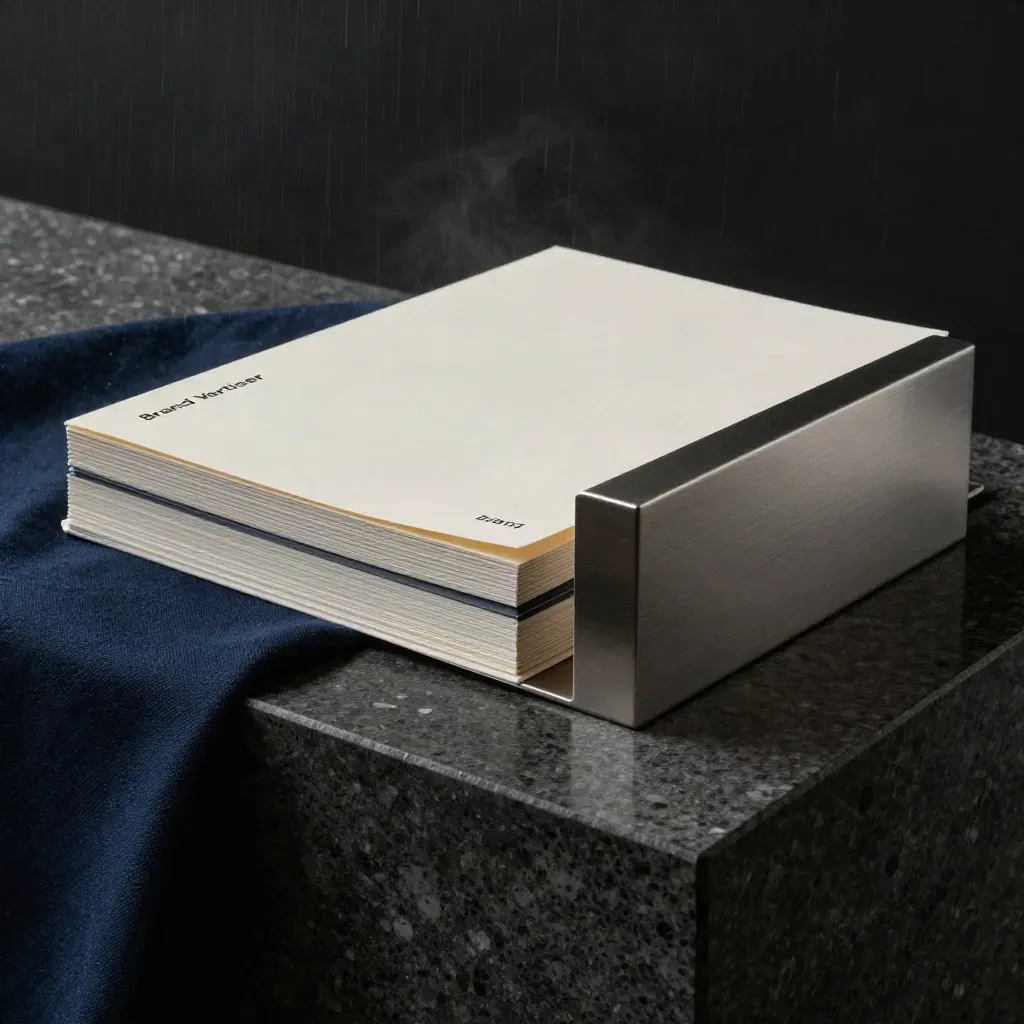 Premium campagne-materialen op travertin sokkel in dramatisch studio-licht met regenmist.