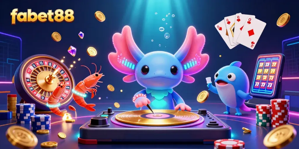 Experience the vibrant fabet88 casino scene with a neon DJ and fortune elements in 3D!