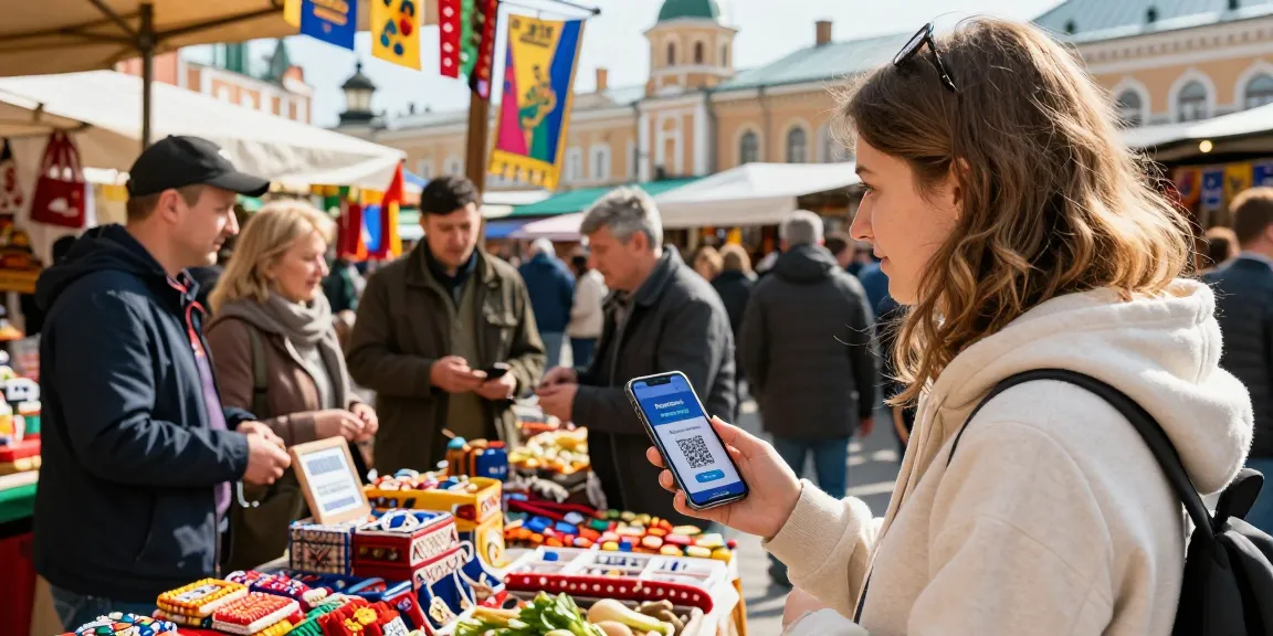 De PayInRussia app in gebruik door toerist op lokale markt in Rusland, met QR-code en levendige kraampjes op de achtergrond.