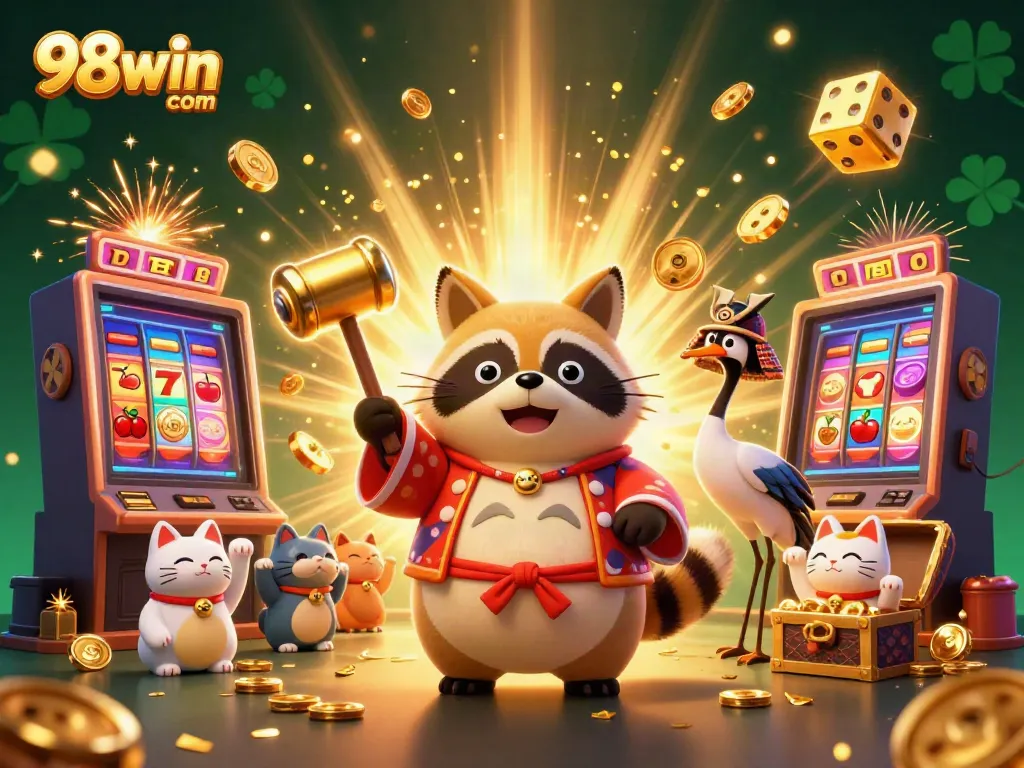 Experience the thrill of 98win com in a vibrant scene with adorable cartoon characters and dynamic casino elements.