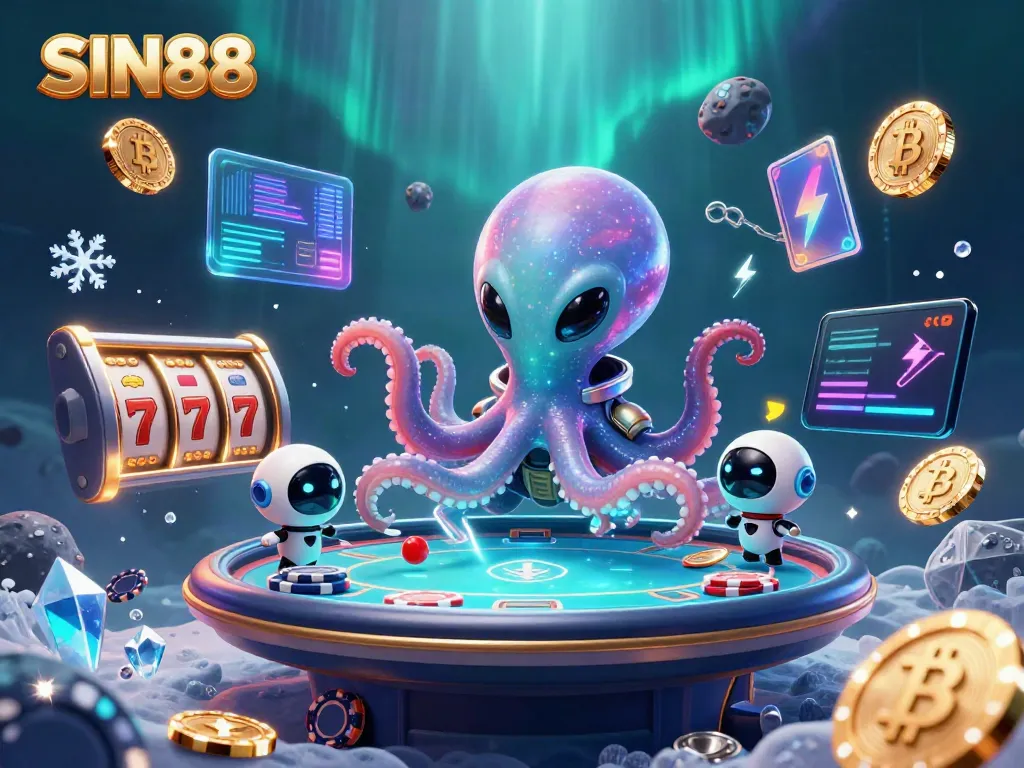 Spin for big wins at SIN88 with an alien octopus and robot at a holographic poker table.