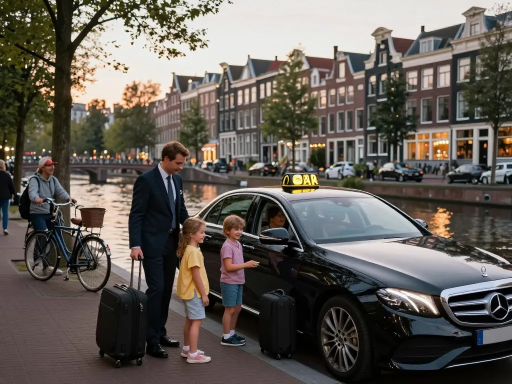 Taxi Amsterdam service met professionele chauffeur die een gezin helpt in een luxe Mercedes E-Klasse.