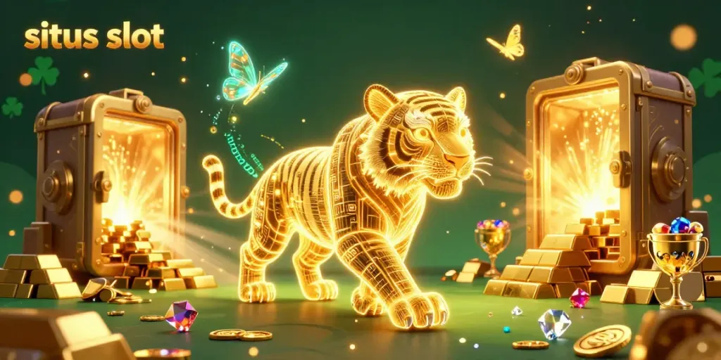 Experience thrilling wins at situs slot with a golden tiger and magical treasures in a dazzling casino.