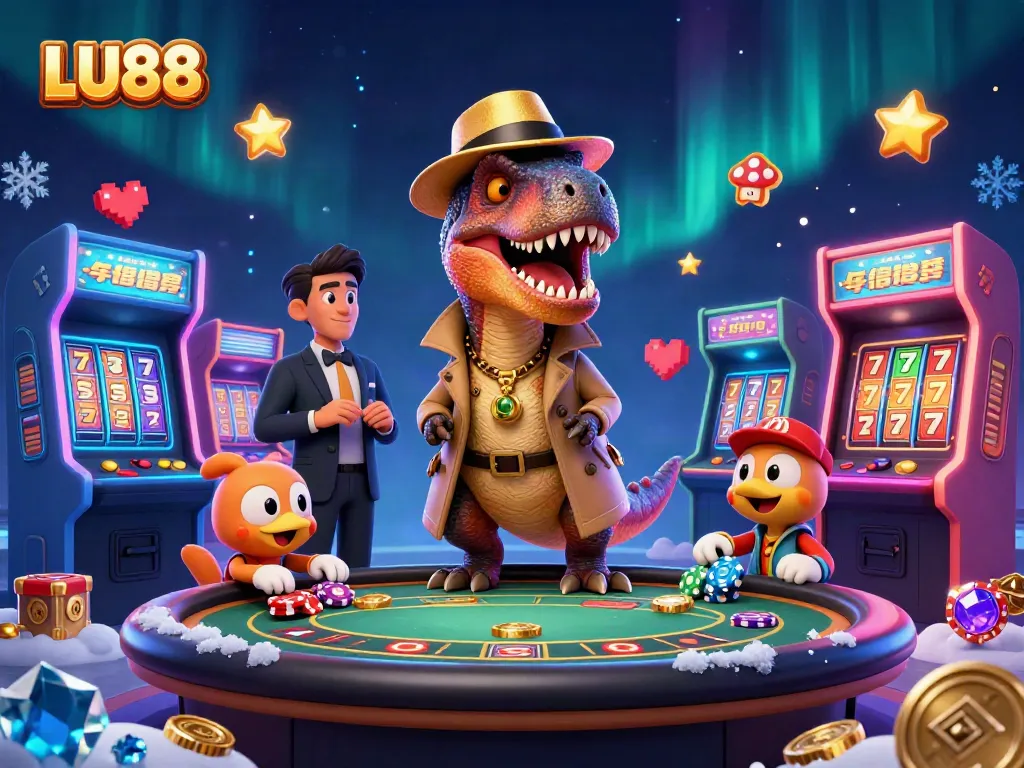 LU88 gaming scene with a velociraptor card counter and stegosaurus pit boss at blackjack