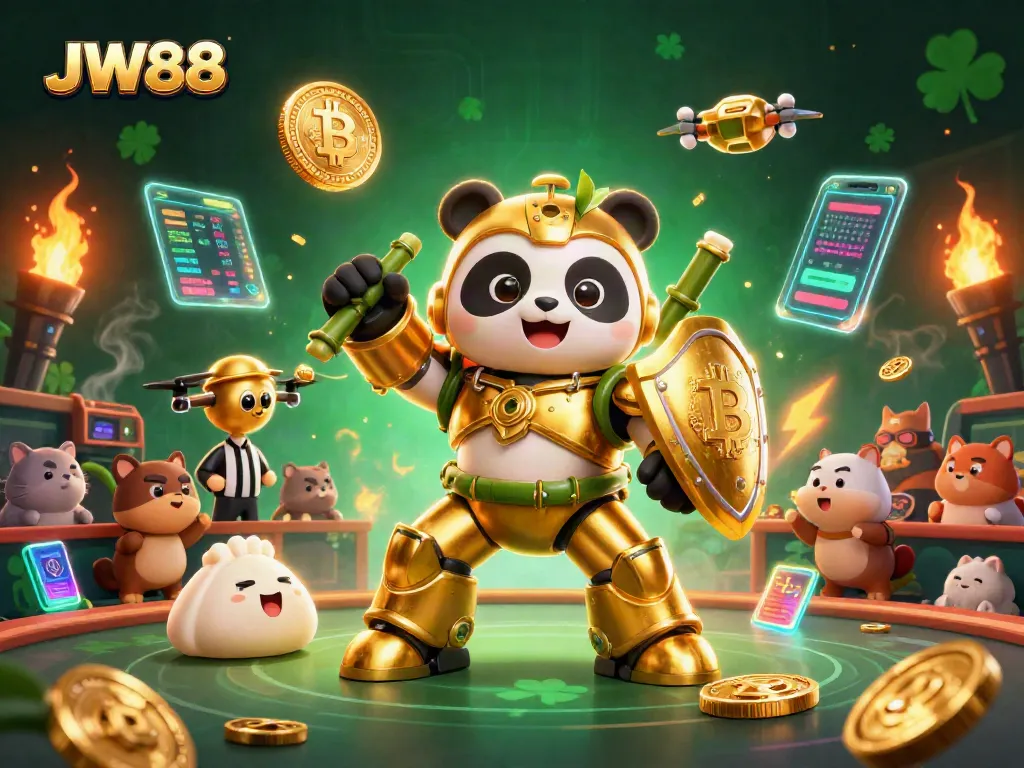Engage in thrilling casino action with JW88, featuring a mech-suit panda and cryptocurrency elements.