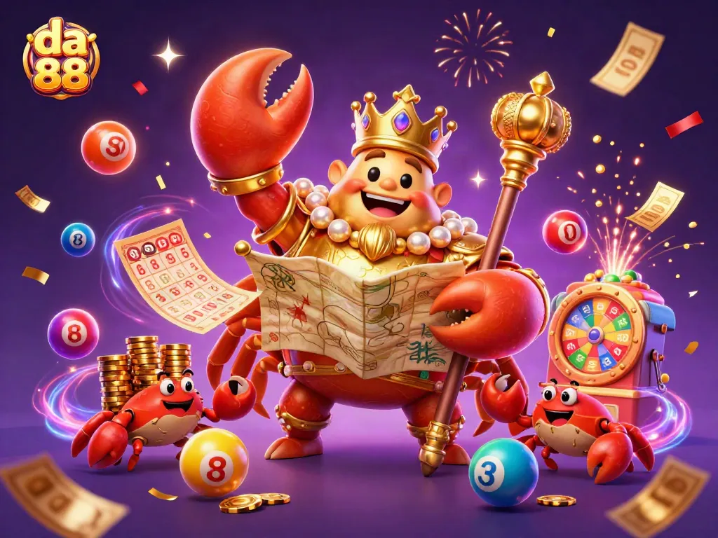 Engage with da 88's exciting world of gaming featuring a golden crab emperor ruling over a vibrant casino scene.