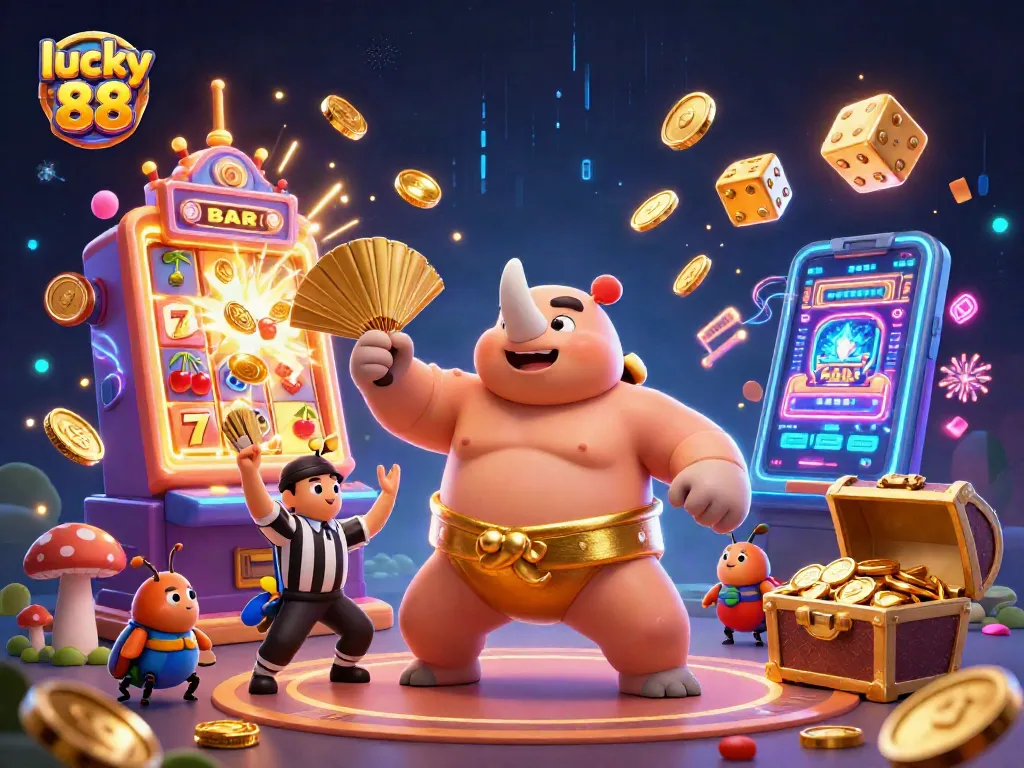 Experience the thrill of lucky 88 as golden coins fly from a vibrant casino scene with excited characters and dynamic elements.