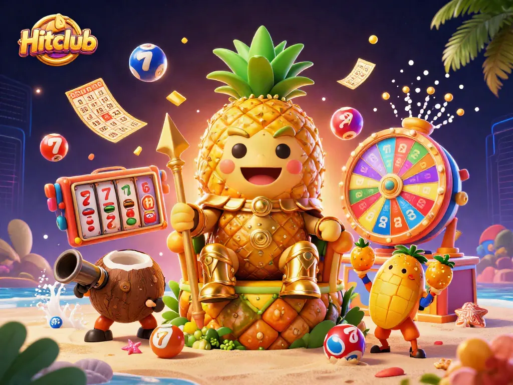 Experience vibrant gaming action with Hitclub's dynamic beach casino scene featuring the golden pineapple king.