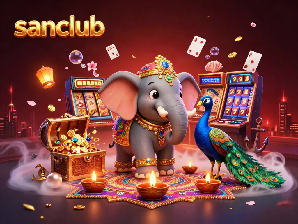 Experience the vibrant casino world of sanclub with a colorful 3D illustration featuring a majestic elephant and peacock.