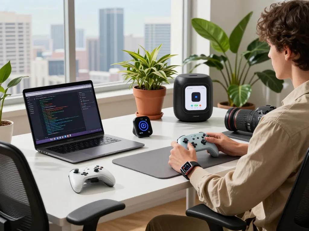 Engaging workspace with must have tech gadgets like a Bluetooth controller and smartwatch, highlighting modern tech lifestyle.