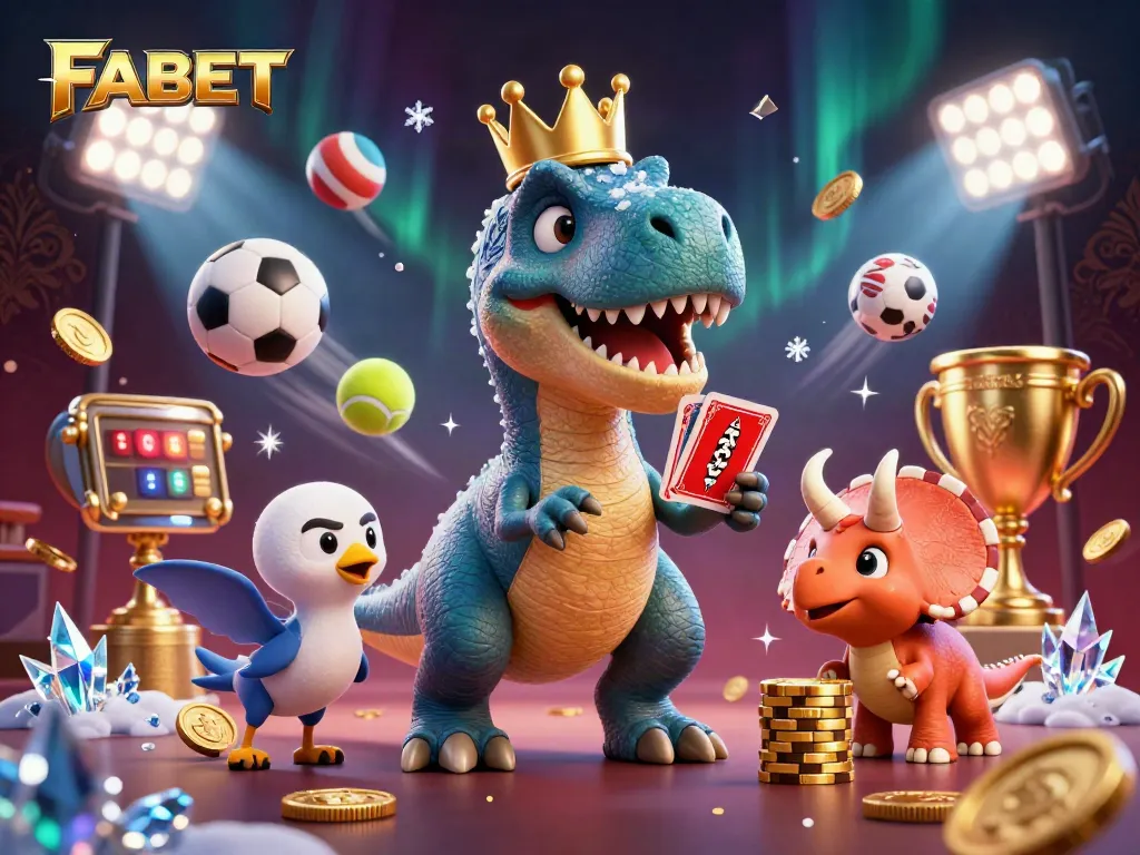 Experience thrilling online action at FABET with a dino-themed casino illustration showcasing fun characters and game excitement.