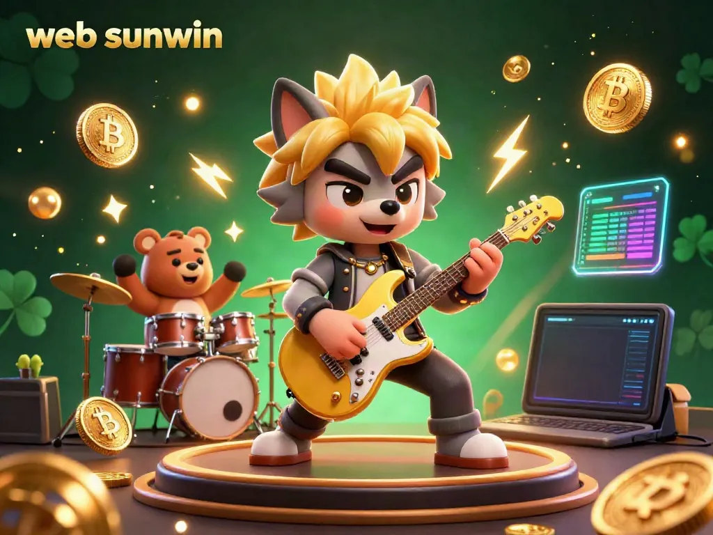 Engaging scene showcasing web sunwin with a rock star wolf and drummer bear amidst vibrant casino elements.