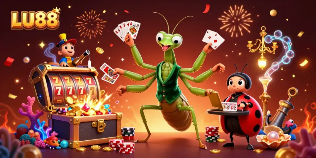 Experience thrilling LU88 casino games with vibrant slot reels, gold coins, and vivid bioluminescent elements.
