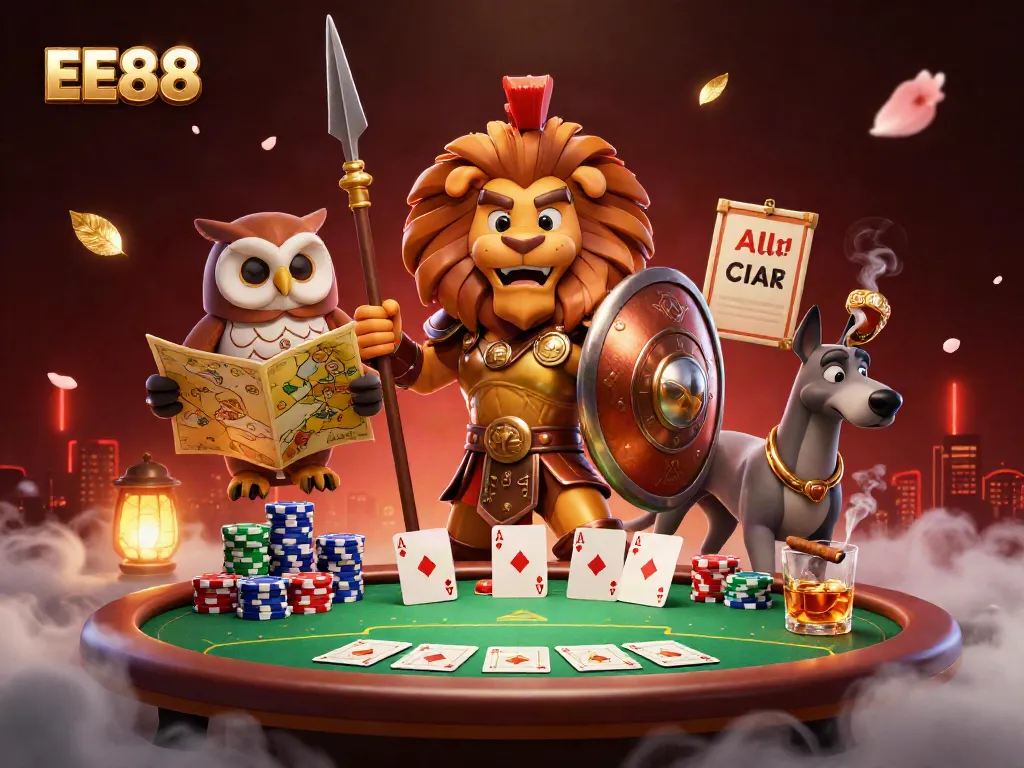 Engage with the immersive world of EE88 in this 3D scene featuring a Spartan lion and gaming elements.