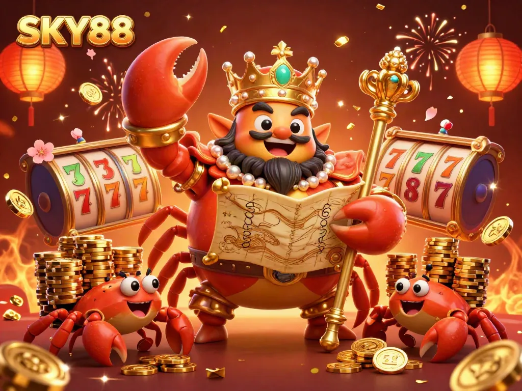 Experience exciting wins with SKY88 in this vibrant casino-themed illustration featuring lucky symbols.