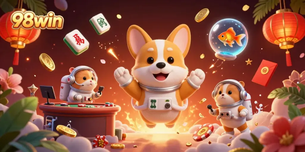 98win offers an immersive gaming experience, showcasing a lively scene with animated characters and casino elements.