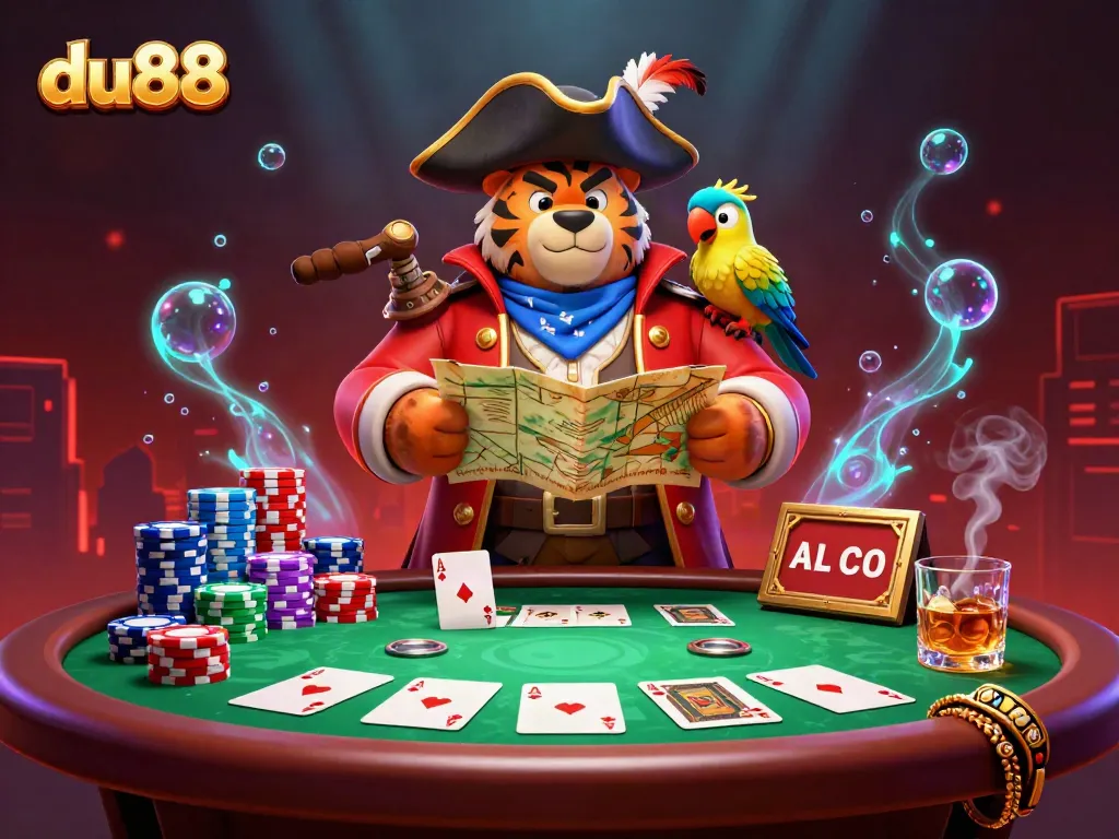 Experience thrilling moments at du88 as a pirate bear deals cards amidst vibrant casino elements.