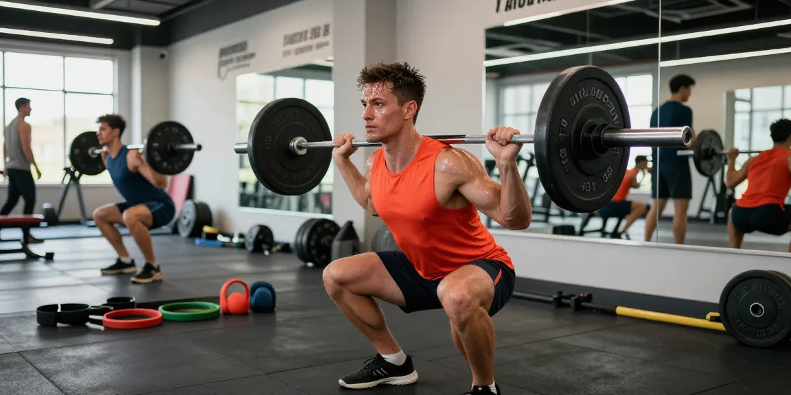 Atleet in Unique Pharma Steroïden Winkel voert een barbell squat uit in een moderne sportschool.