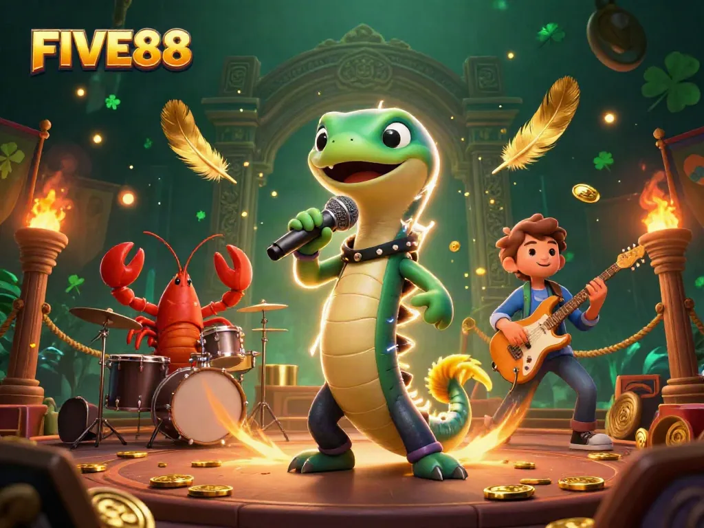 Experience the vibrant energy of FIVE88's underwater casino with performing characters and dynamic elements.