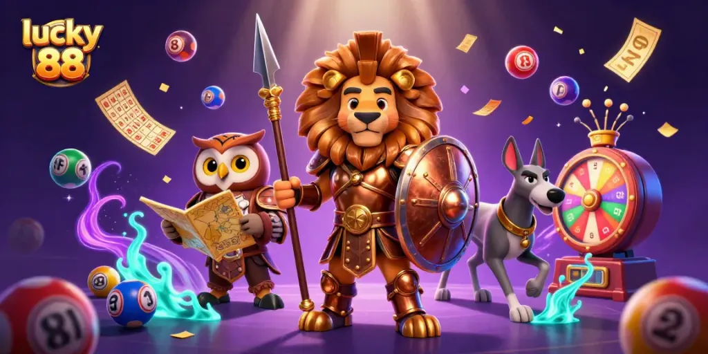Engage with lucky 88 action in a dynamic 3D casino scene filled with vibrant game elements.