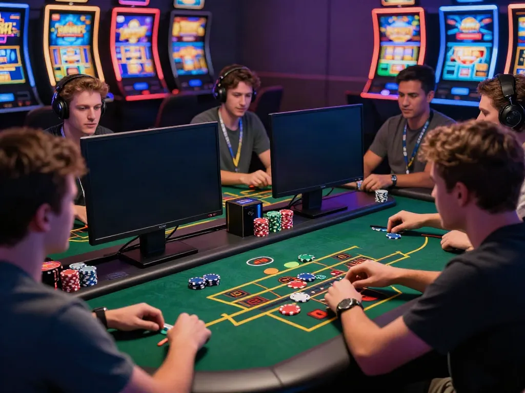 Engaging gaming experience at https://net88.broker/, showing players enjoying live casino games in a modern lounge.