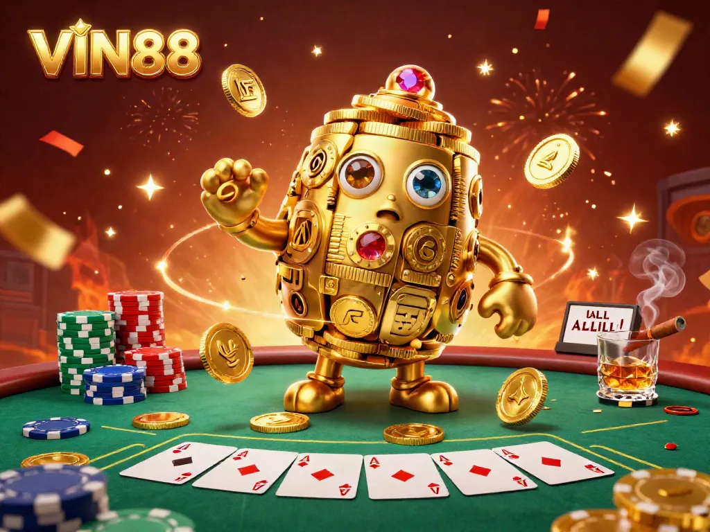 Experience the vibrant world of VIN88 with golden golem and poker action set in a dazzling casino scene.