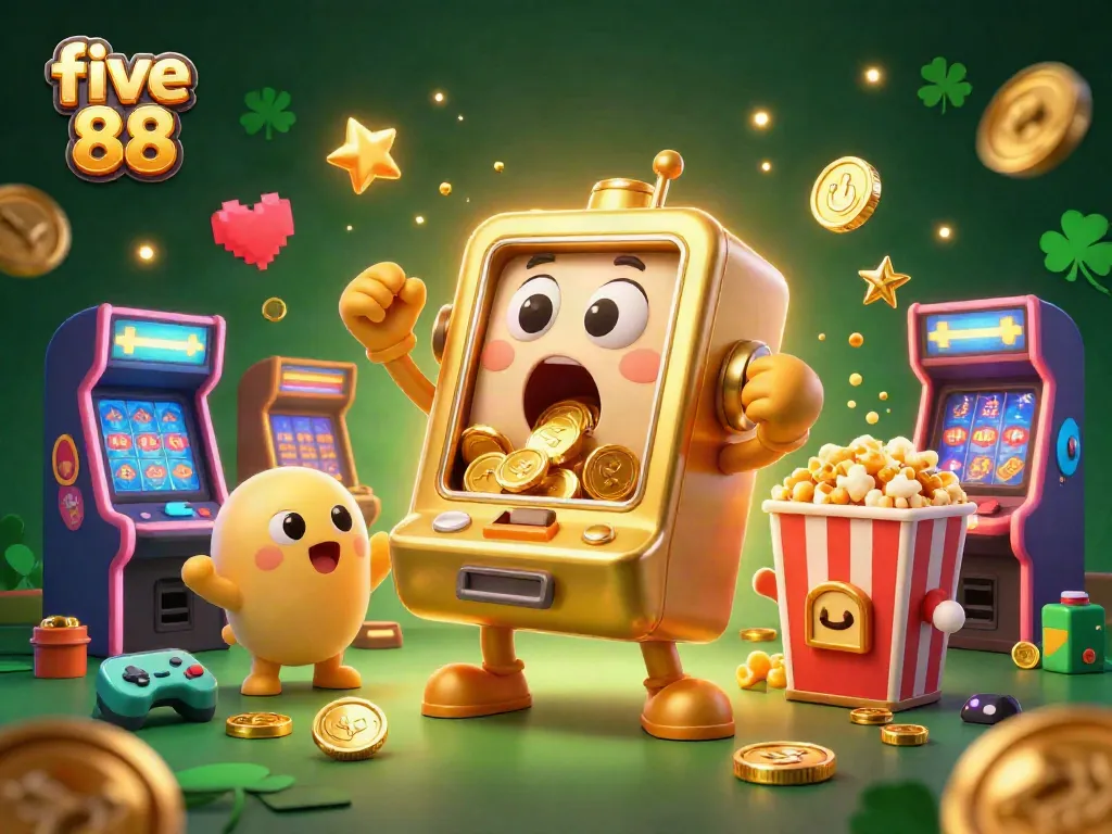Spin the five 88 slot machine as coins rain down in a dazzling casino scene.