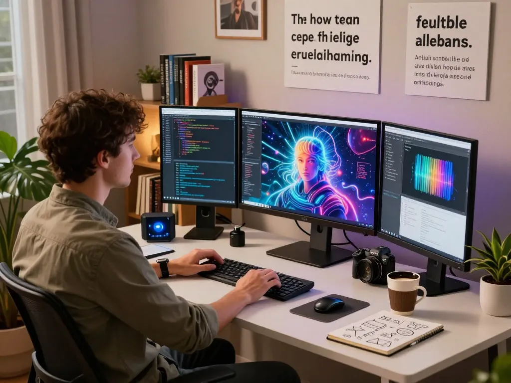 Dynamic workspace showcasing juicy ai development with vibrant artwork and coding setup.