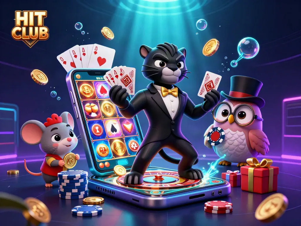 Engage with HIT CLUB as a stylish panther deals cards, surrounded by fun gaming elements.