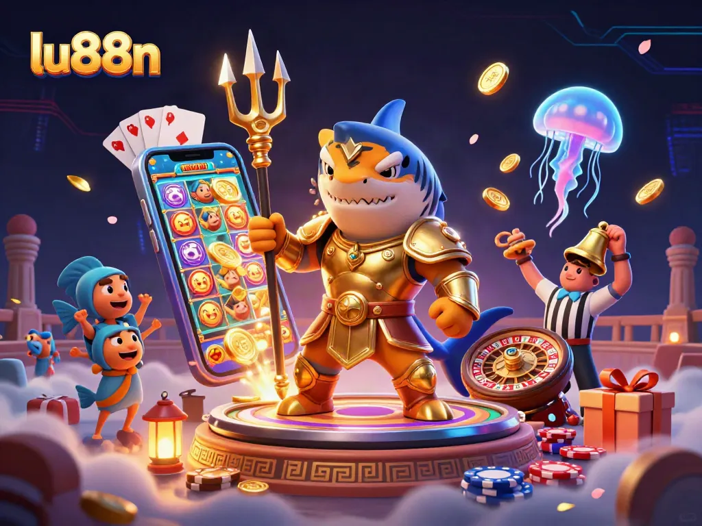 Engage with lu88n casino excitement featuring a golden shark gladiator in an underwater colosseum