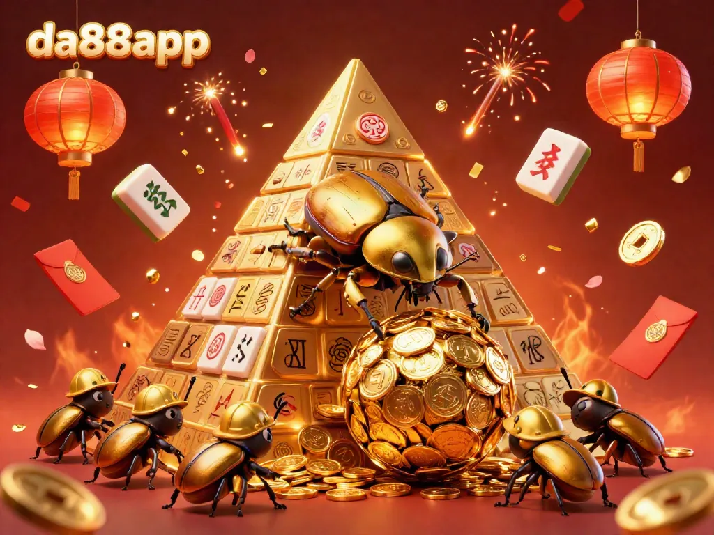 Engage with da88app's exciting casino adventures while the golden beetle rolls coins in this vibrant scene.