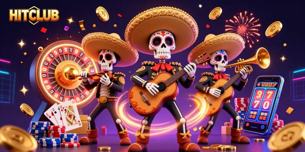 HITCLUB captivates players with a vibrant casino scene featuring mariachis and dynamic game elements.