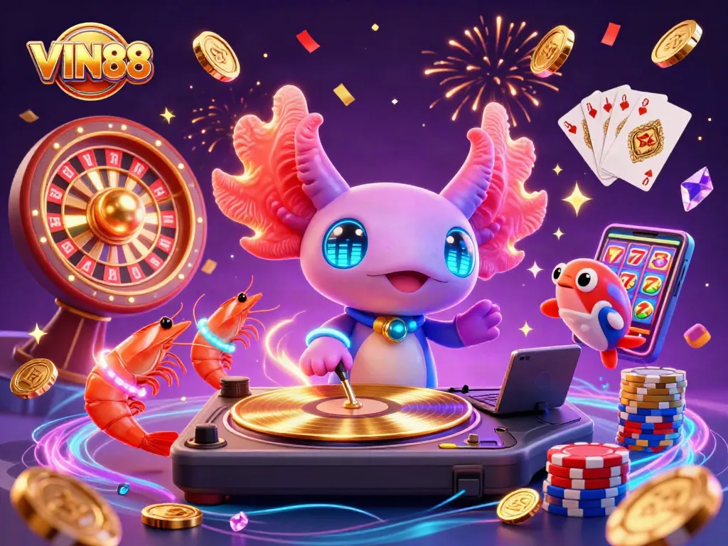 Experience thrilling spins at VIN88 with a vibrant axolotl DJ amid dazzling casino elements.