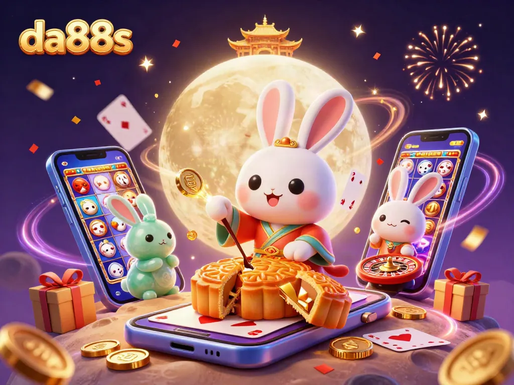 Engage with exciting casino elements at da88s featuring a mystical moon rabbit, golden coins, and colorful slots.